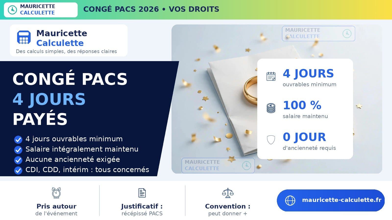 Illustration du guide : Congé PACS 2026 : 4 jours, salaire et calcul des droits