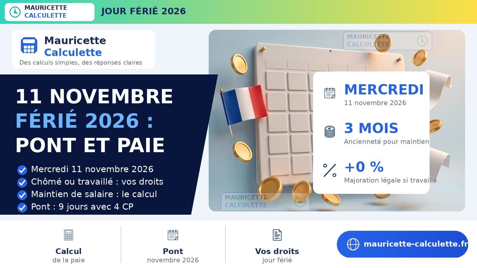 Illustration du guide : 11 novembre férié 2026 : pont, paie et calcul du salaire