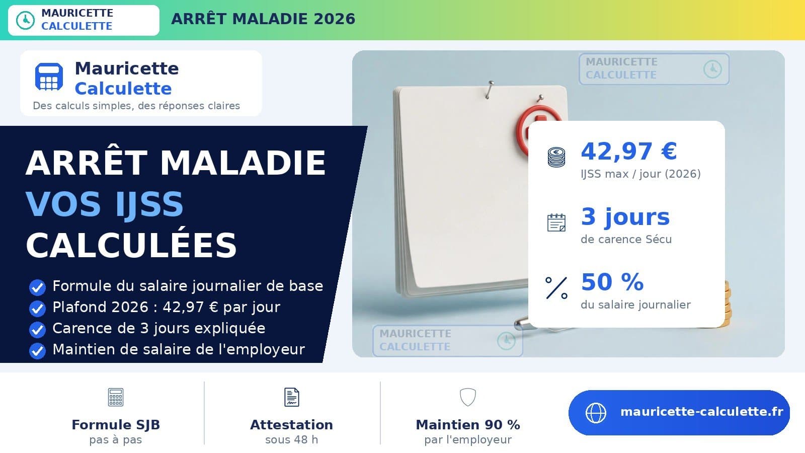 Illustration du guide : Arrêt maladie 2026 : calcul IJSS et maintien de salaire
