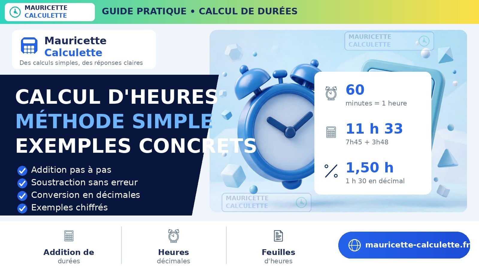 Illustration du guide : Calcul d’heures : additionner des durées — guide 2026