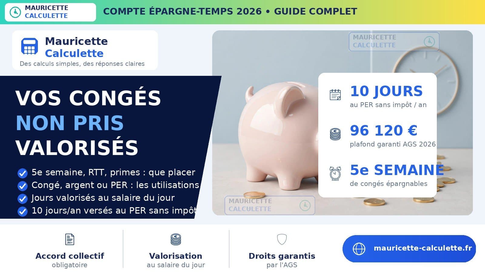 Illustration du guide : Compte épargne-temps (CET) 2026 : règles, calcul, versement