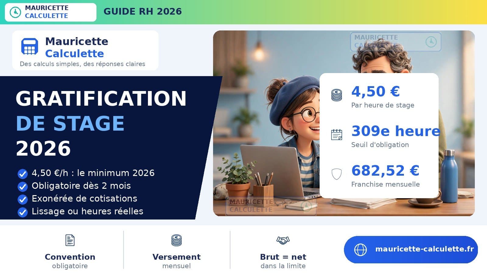 Illustration du guide : Gratification de stage 2026 : montant, calcul et règles