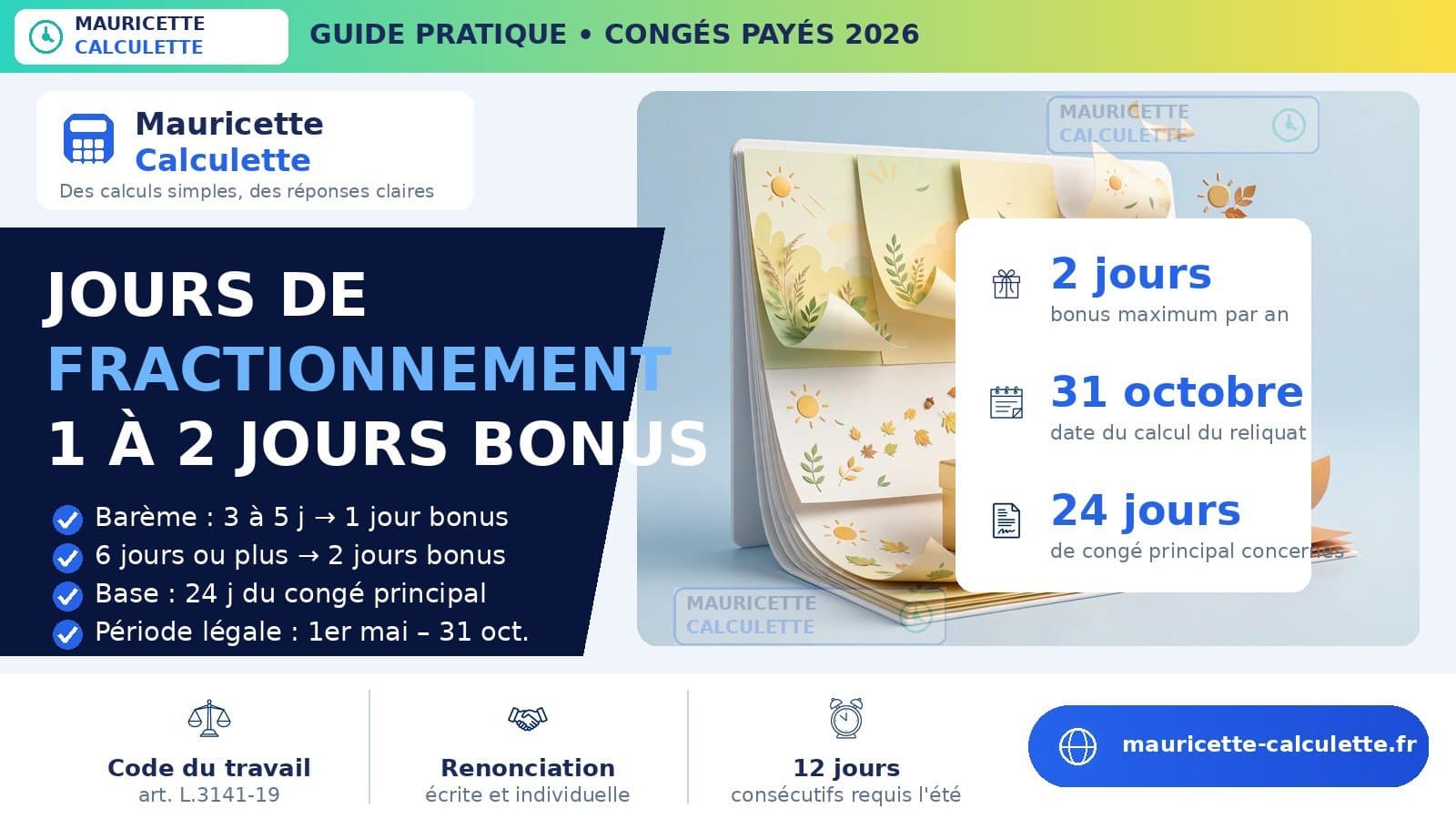 Illustration du guide : Jours de fractionnement 2026 : conditions, calcul et barème
