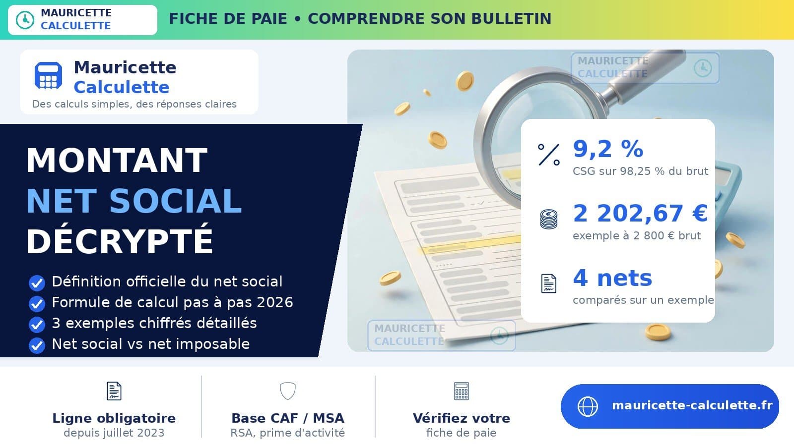Illustration du guide : Montant net social : définition, calcul et exemples (2026)