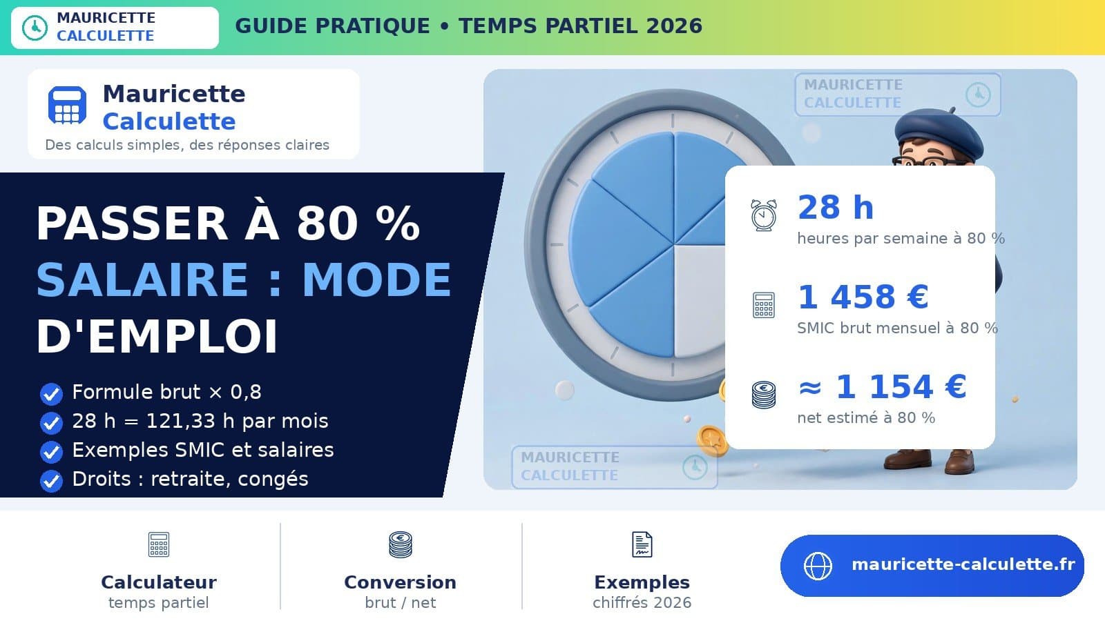 Illustration du guide : Passer à 80 % : calcul du nouveau salaire (guide 2026)