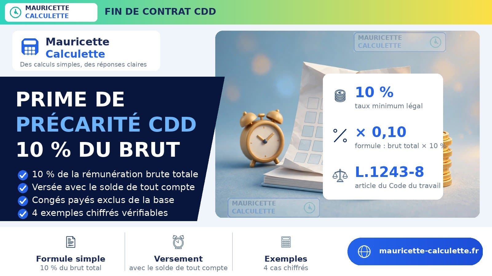 Illustration du guide : Prime de précarité CDD 2026 : calcul de l’indemnité (10 %)