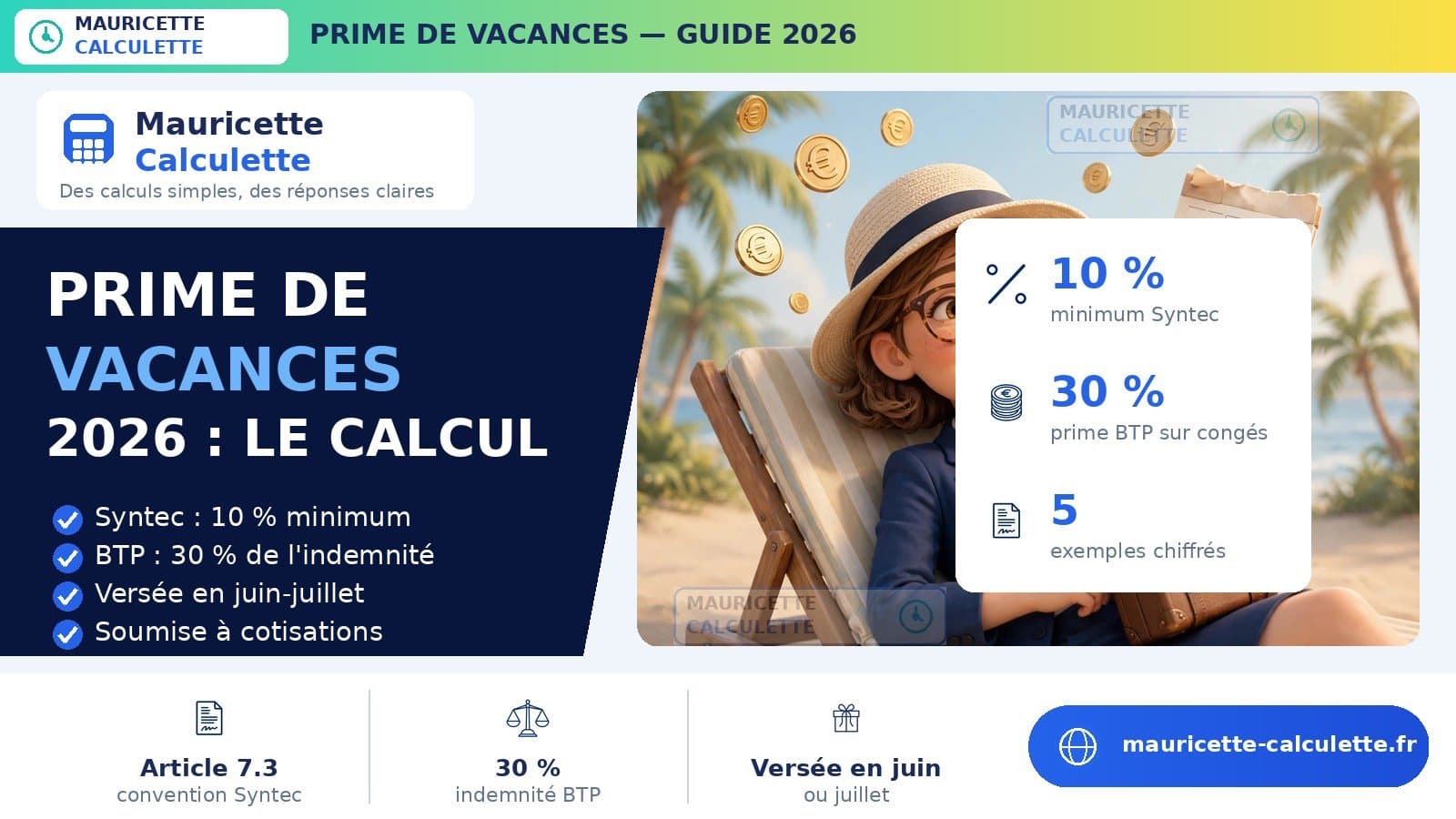 Illustration du guide Prime de vacances 2026 : calcul, montant et conditions